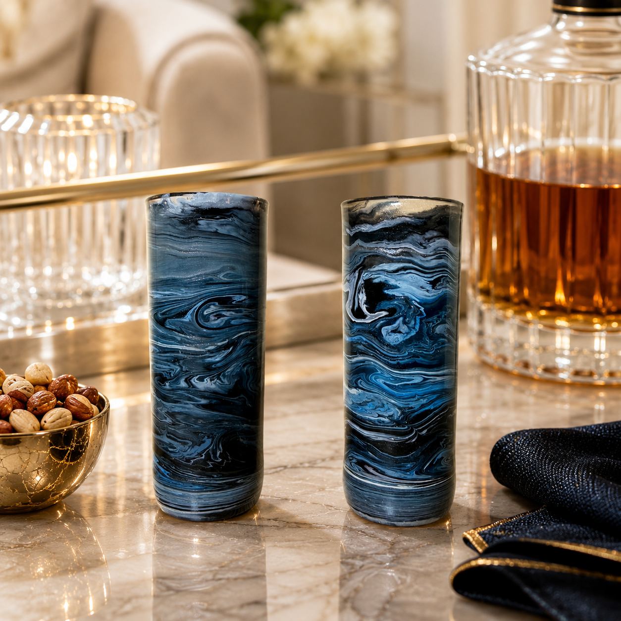 Blue and Black Marble Alcohol Ink Shot Glasses: Set of 2 - Handcrafted Shot Glasses - Handmade Resin Shot Glasses - Shot Glass Gift Set