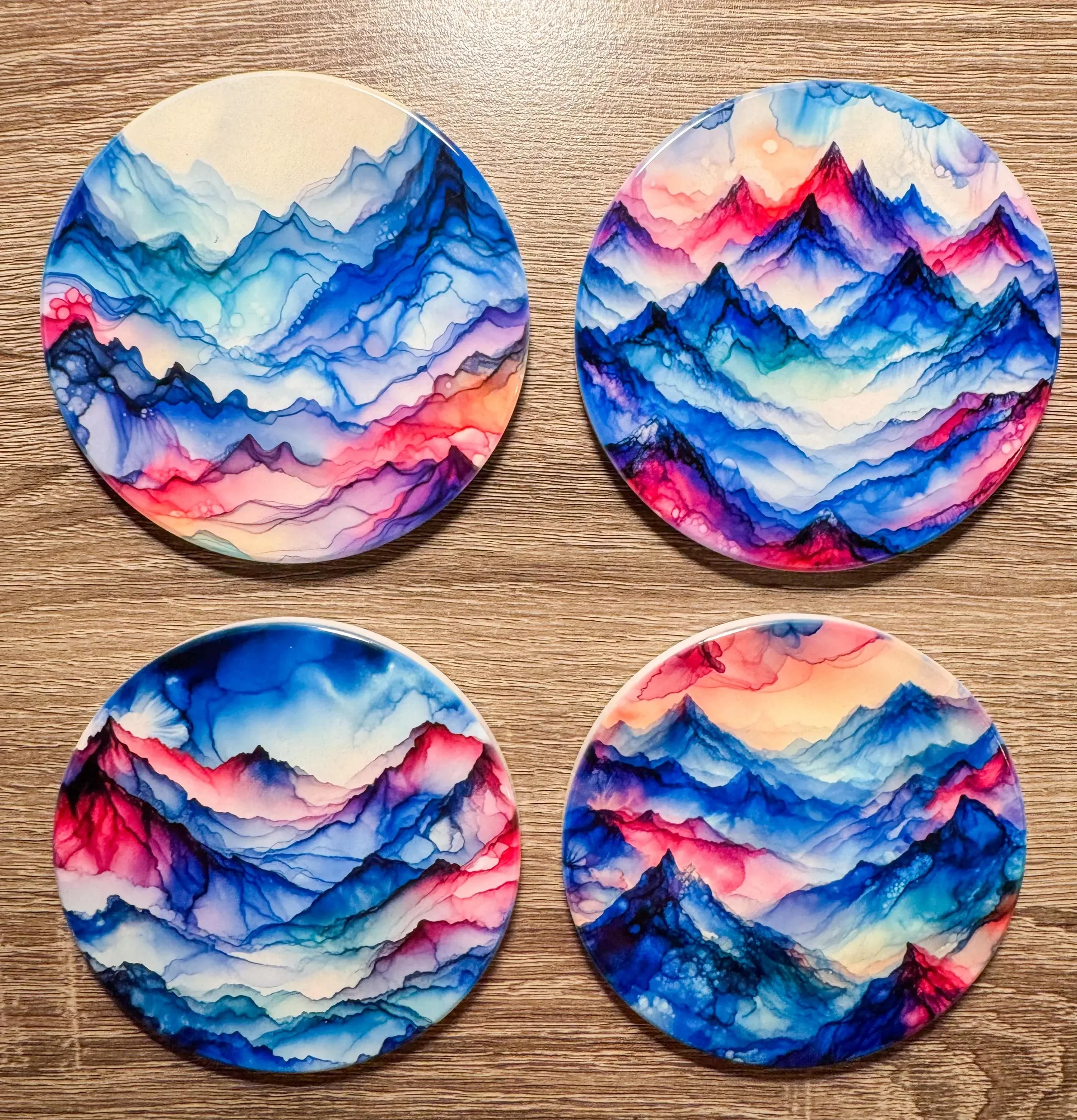 Colorful Mountains Alcohol Ink Design Ceramic Coasters - Set of 4