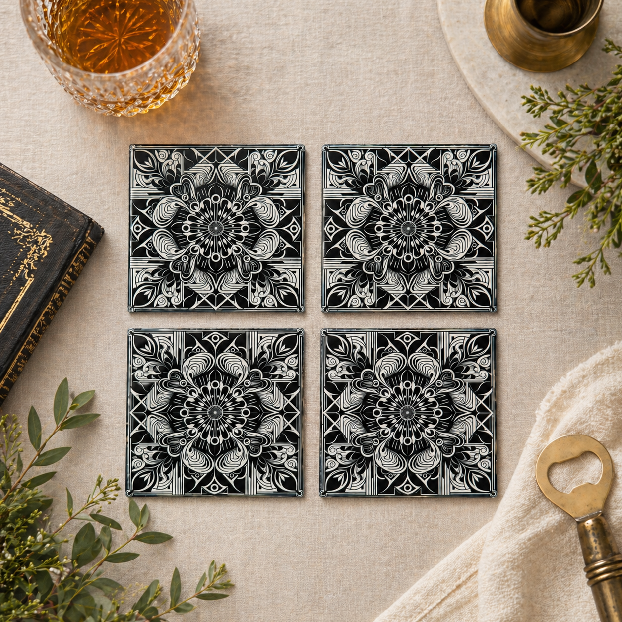 Black and White Art Deco Design Ceramic Coasters - Set of 4