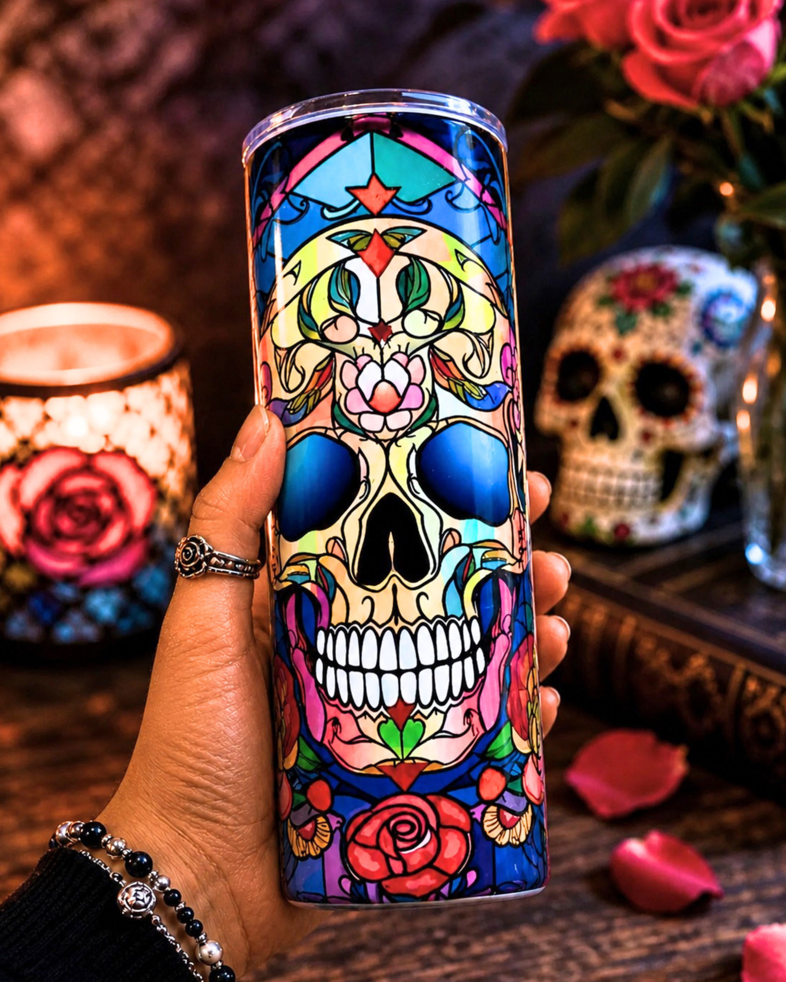 Stained Glass Colorful and Floral Sugar Skull 20oz Tumbler - Skull Tumblers - Stained Glass Tumblers