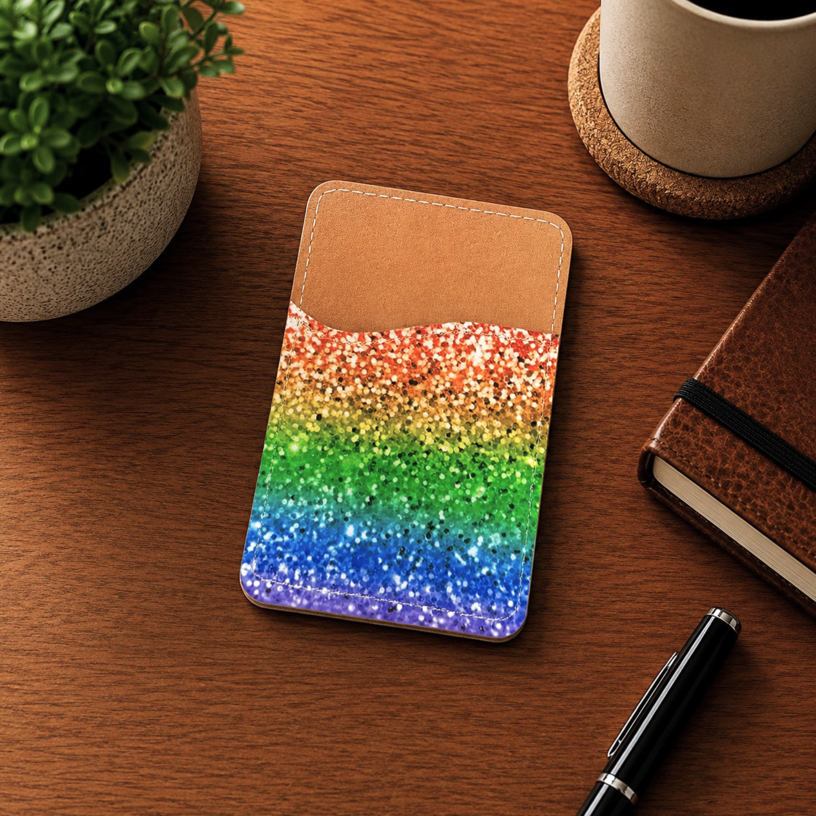 Rainbow Glitter Phone Wallet - Adhesive Phone Wallet - Phone Card Holder - Card Holder for Back of Phone