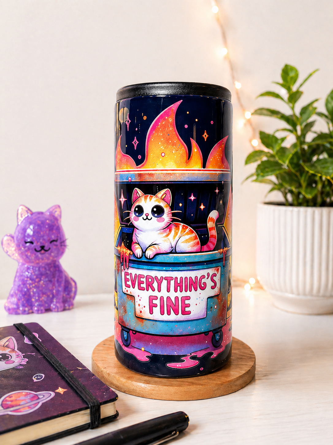 Everything's Fine Dumpster Fire Slim Can Cooler - Funny Slim Can Cooler - Dumpster Fire Cat Slim Can Tumbler