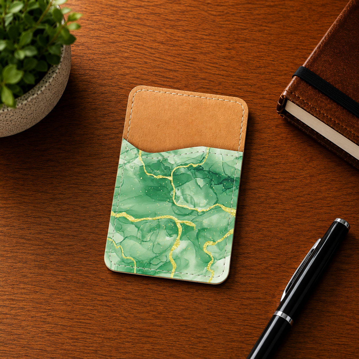 Green and Gold Marble Phone Wallet - Adhesive Phone Wallet - Phone Card Holder - Card Holder for Back of Phone