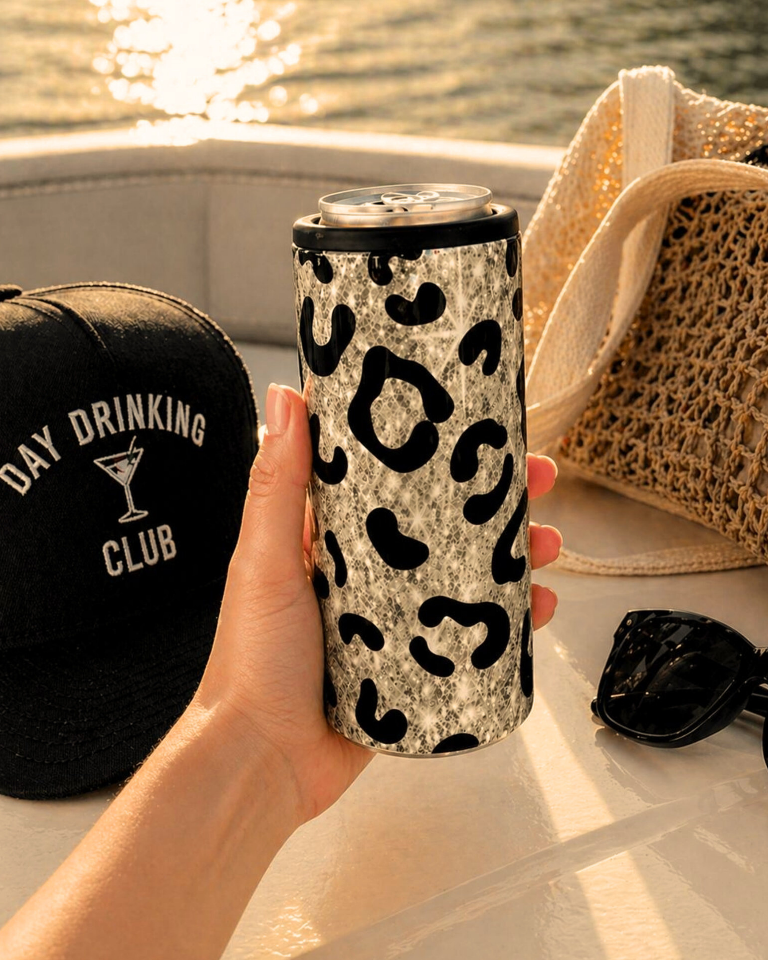 Gold Glitter Leopard Print Slim Can Cooler - Leopard Slim Can Cooler - Stainless Steel Slim Can Cooler
