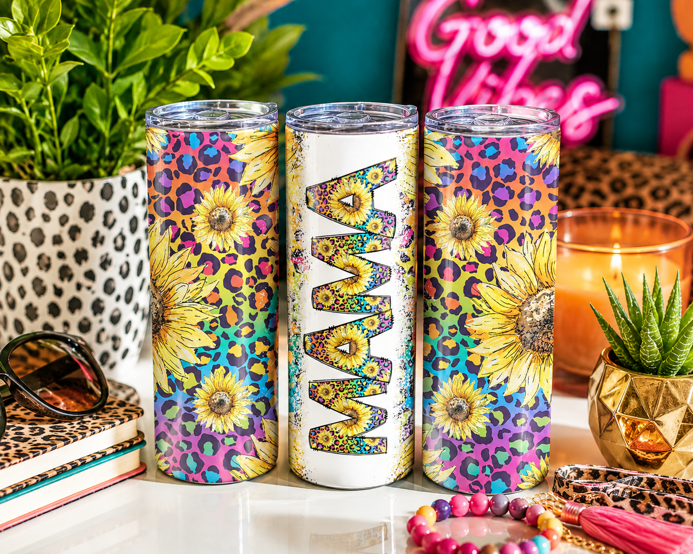 Rainbow Cheetah Print Mama Sunflower Tumbler - Mom Tumblers - Mama Tumblers - Gifts for Mom - Tumblers for Moms - 90s Tumbler