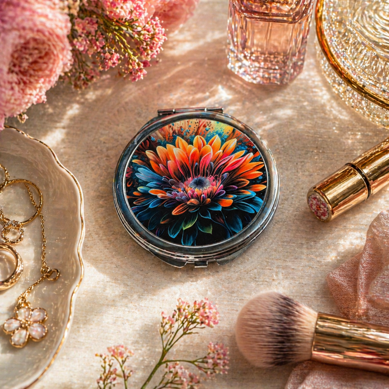 Colorful Flower Compact Mirror - Floral Compact Mirror - Gift for Her - Gift for Mom - Gifts Under 10