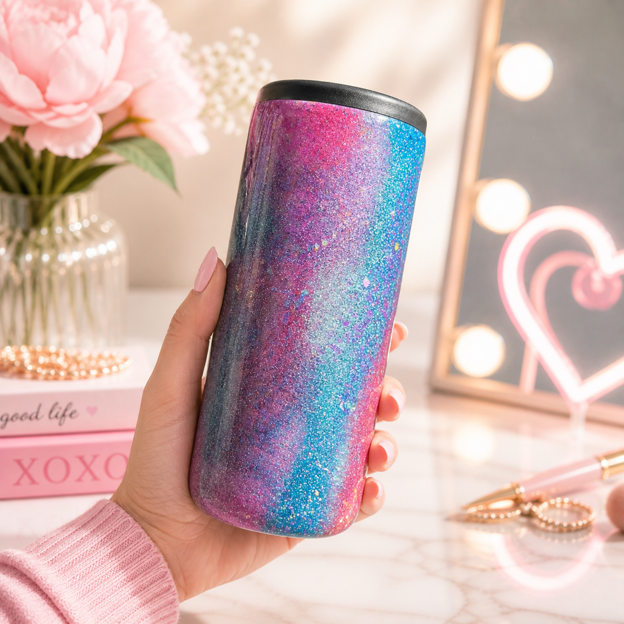 Cotton Candy Glitter Slim Can Cooler - Mermaid Glitter Slim Can  - Purple, Pink, Blue Glitter Tumbler - Drinking Gifts