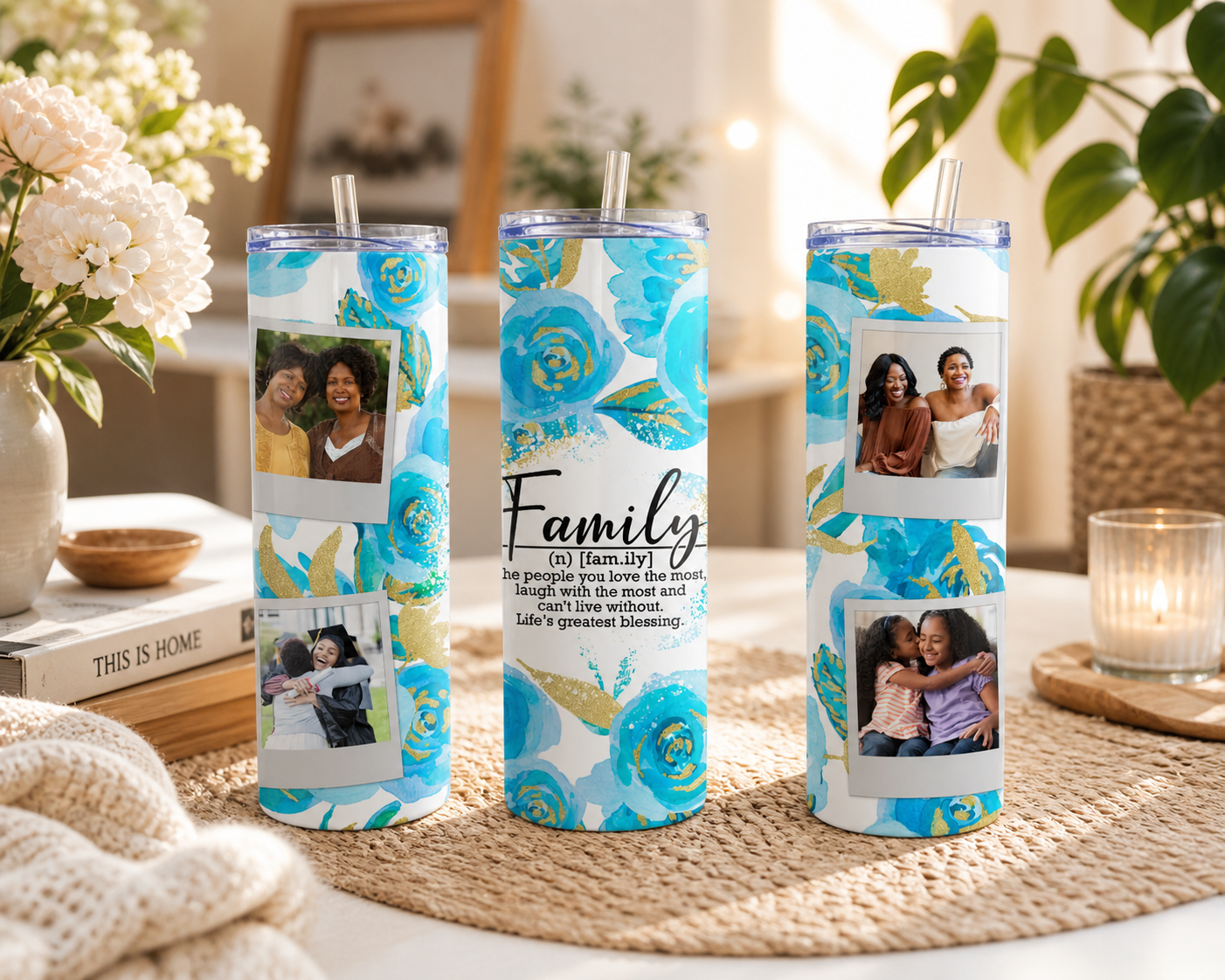 Blue and Gold  Floral Custom Photo Family 20oz Tumbler - Photo Tumblers - Tumblers for Her - Custom Photo Gifts