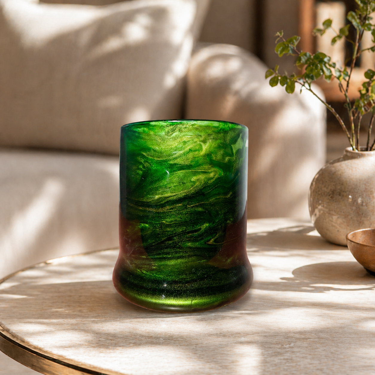 Green and Gold Alcohol Ink Candle Holder - Handcrafted Home Decor - Candle Decor - Handmade Resin Candle Holder