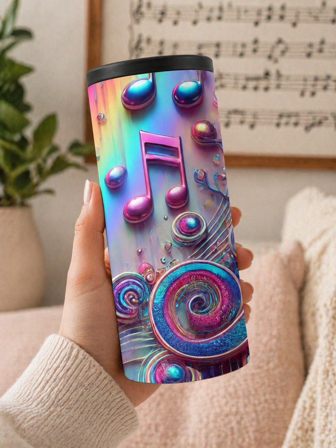 Iridescent Music Note Slim Can Cooler - Music Lover Slim Can Tumblers - Musical Gifts - Singing Slim Can Cooler