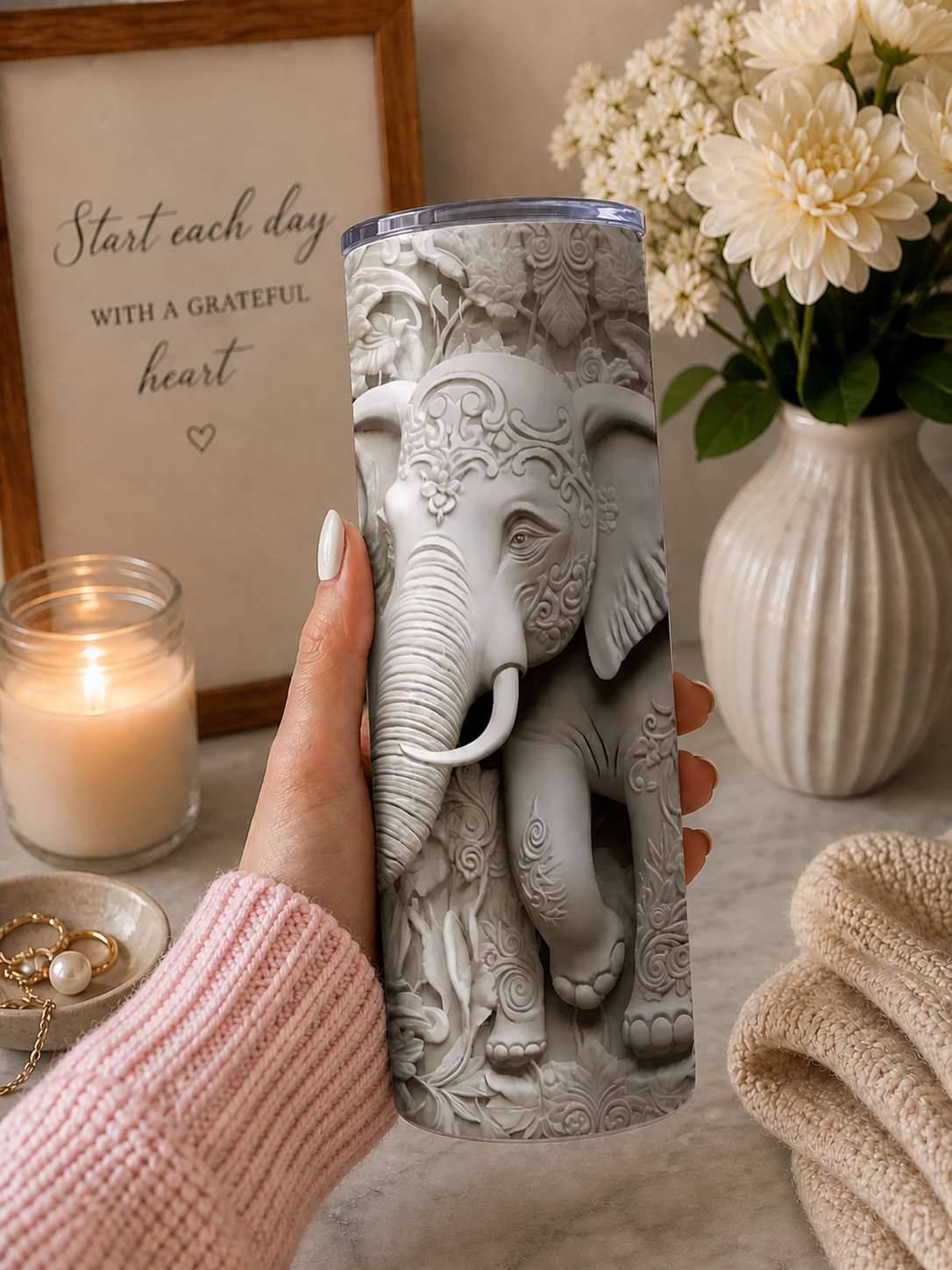 3D Tooled White Elephant 20oz Tumbler - Elephant Gifts - Gifts for Her - Tumbler Gifts - Elephant Tumblers