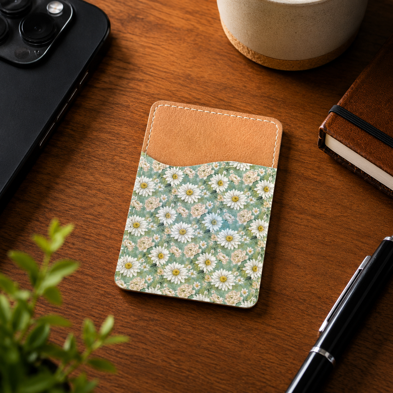 Neutral Gray and Daisies Phone Wallet - Adhesive Phone Wallet - Phone Card Holder - Card Holder for Back of Phone