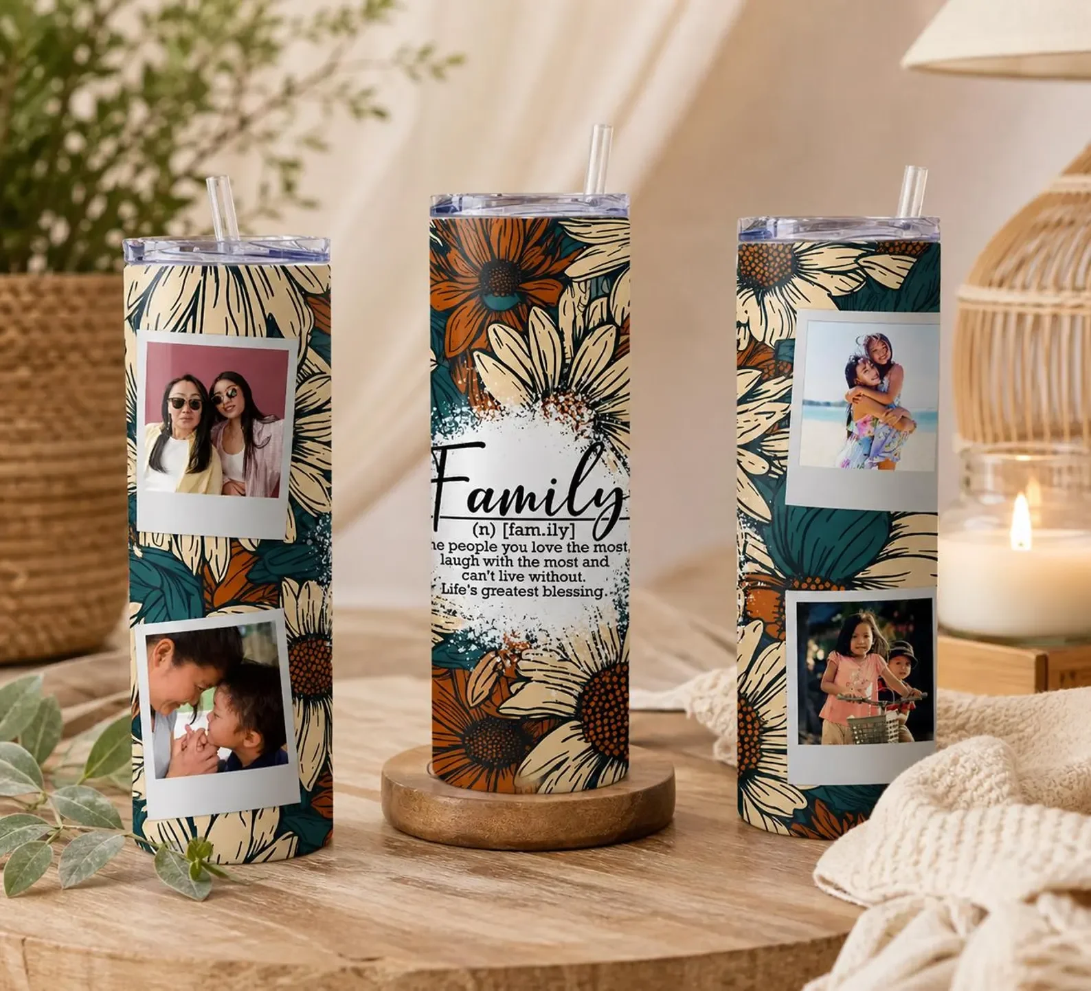 Green Floral Custom Photo Family Tumbler 20oz Tumbler - Photo Tumblers - Custom Tumblers - Photo Gifts - Custom Photo Tumblers