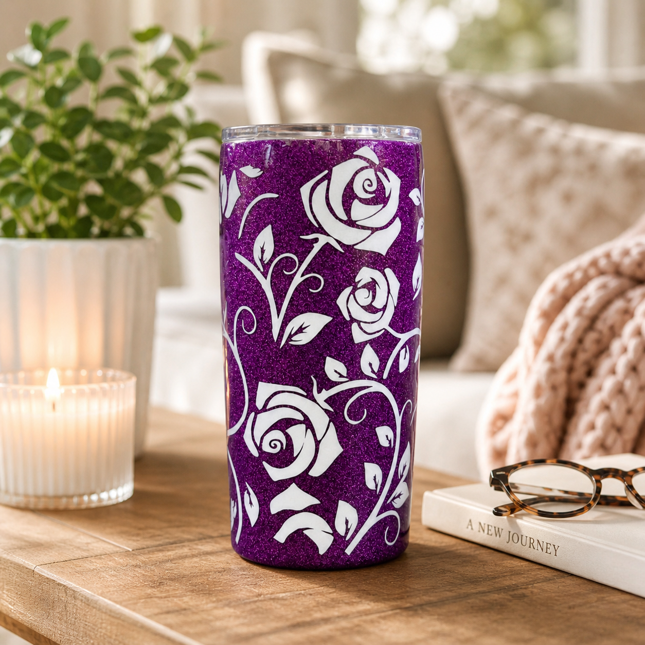 Purple Glitter with Roses and Vines Design Tumbler - Glitter Tumblers - Rose Tumbler -  Handmade Resin Tumbler