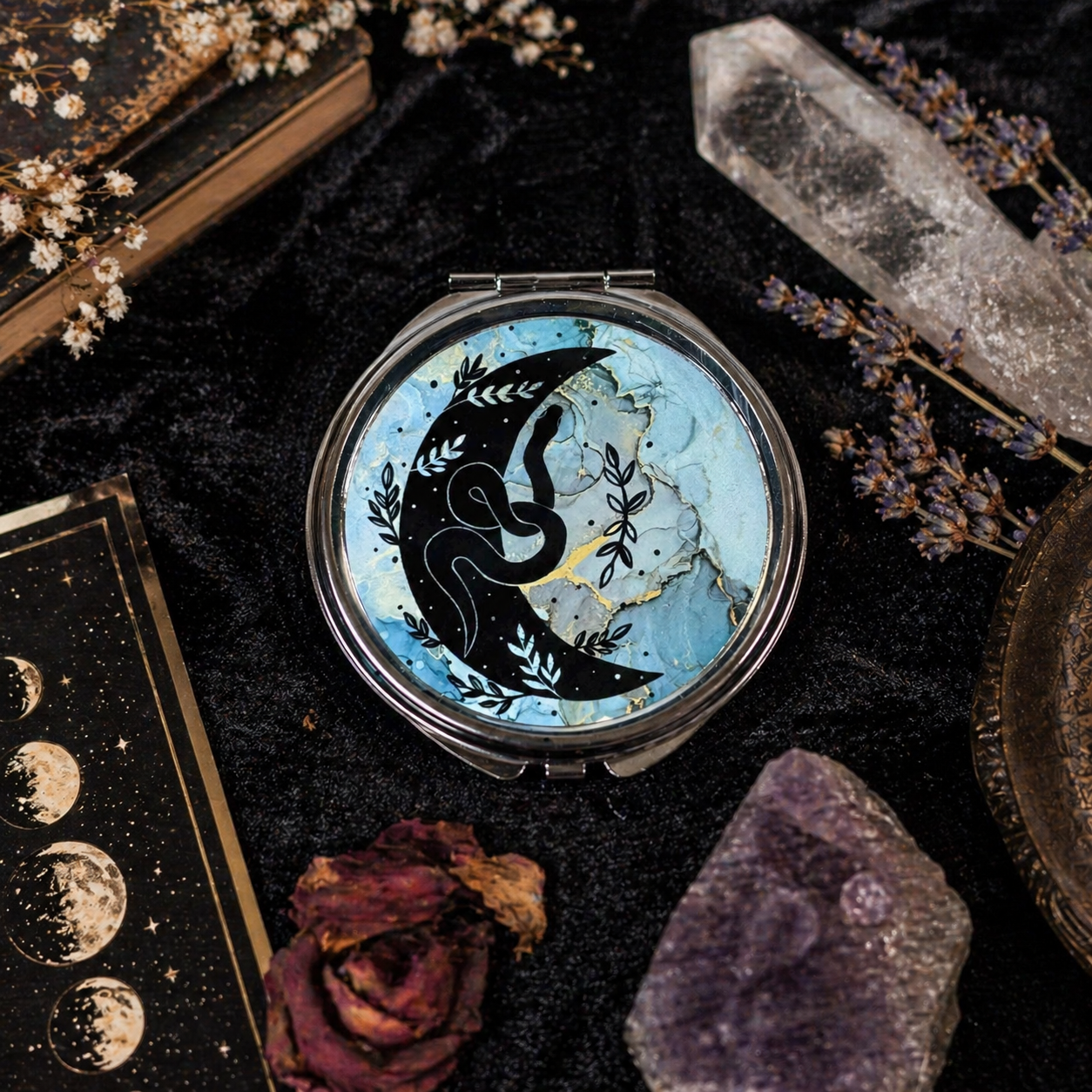 Mystic Moon & Serpent Compact Mirror - Celestial Compact Mirror - Gifts Under 10 - Gift for Her - Celestial Mystical Gifts