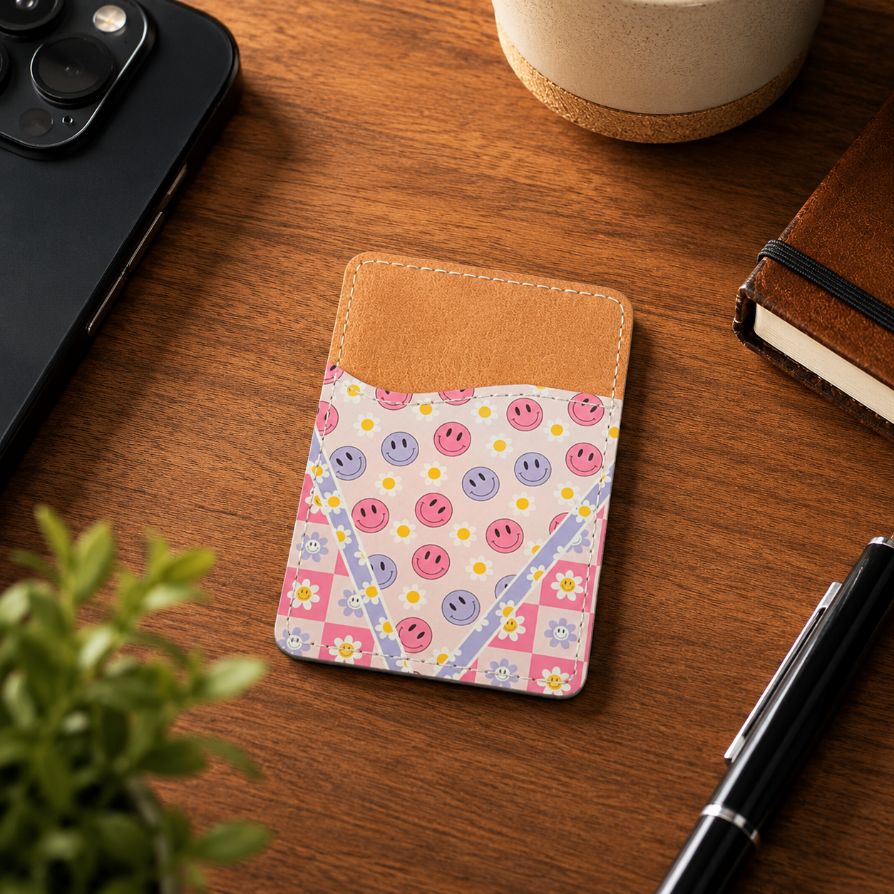 Retro Smiley Daisy Phone Wallet - Adhesive Phone Wallet - Phone Card Holder - Card Holder for Back of Phone