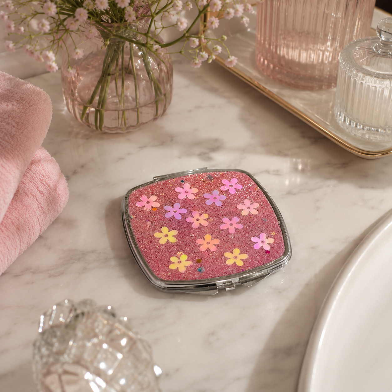 Pink Glitter and Holographic Flowers Compact Mirror - Glitter Epoxy Pocket Mirror - Gift for Her - Gifts Under 10