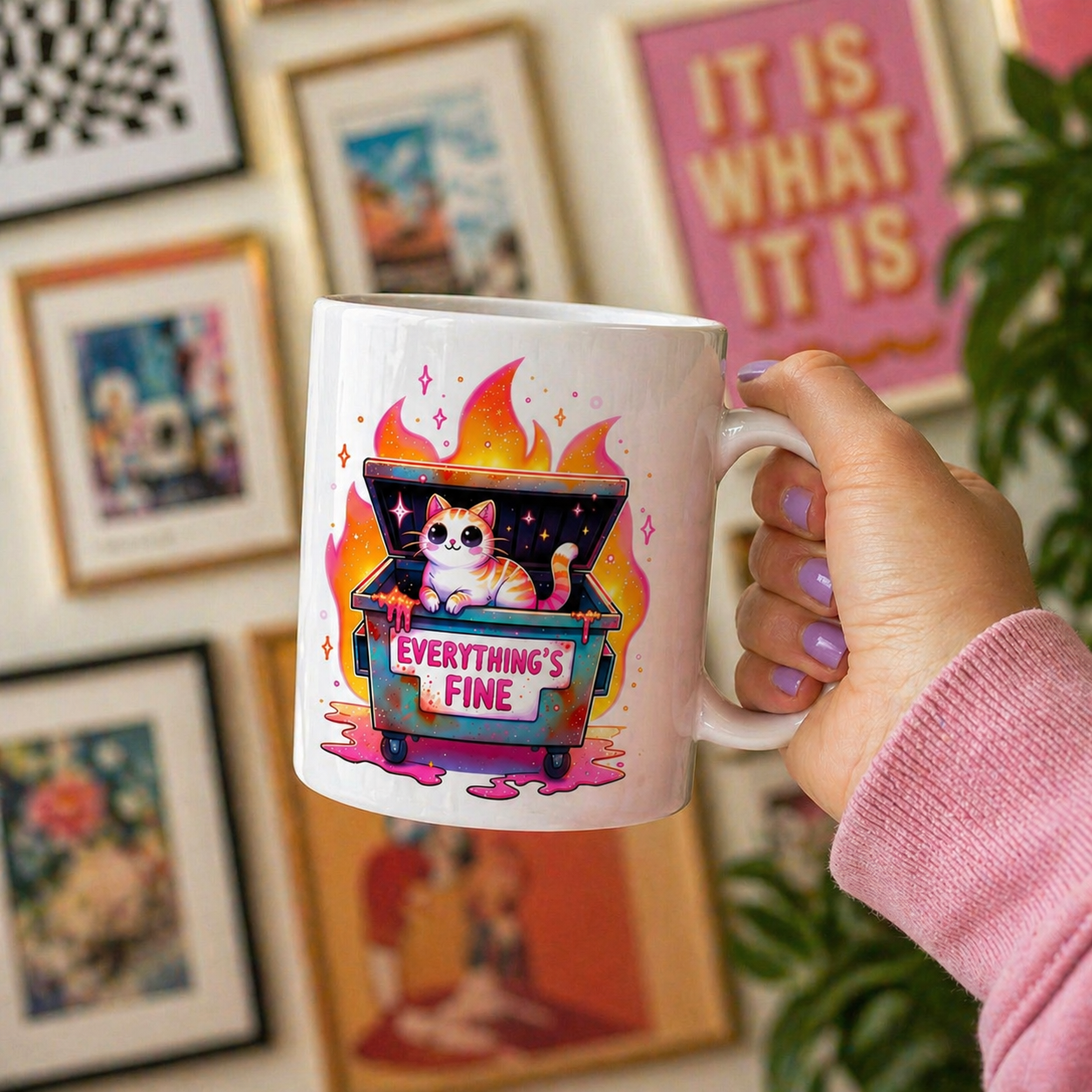 Dumpster Fire Everything's Fine Coffee Cup - Funny Coffee Cup - Coffee Cup Gifts - Dumpster Fire Cat