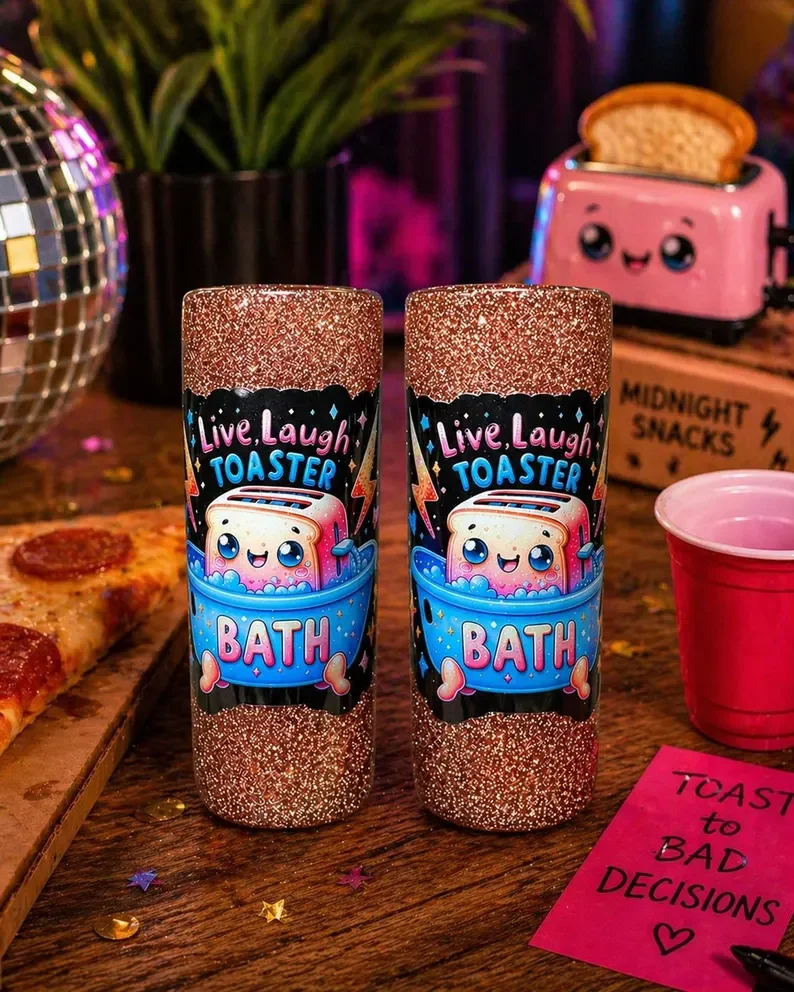 Live Laugh Toaster Bath Shot Glasses: Set of 2 - Glitter Shot Glasses - Funny Shot Glasses - Shot Glass Gift Set - Drinking Gifts