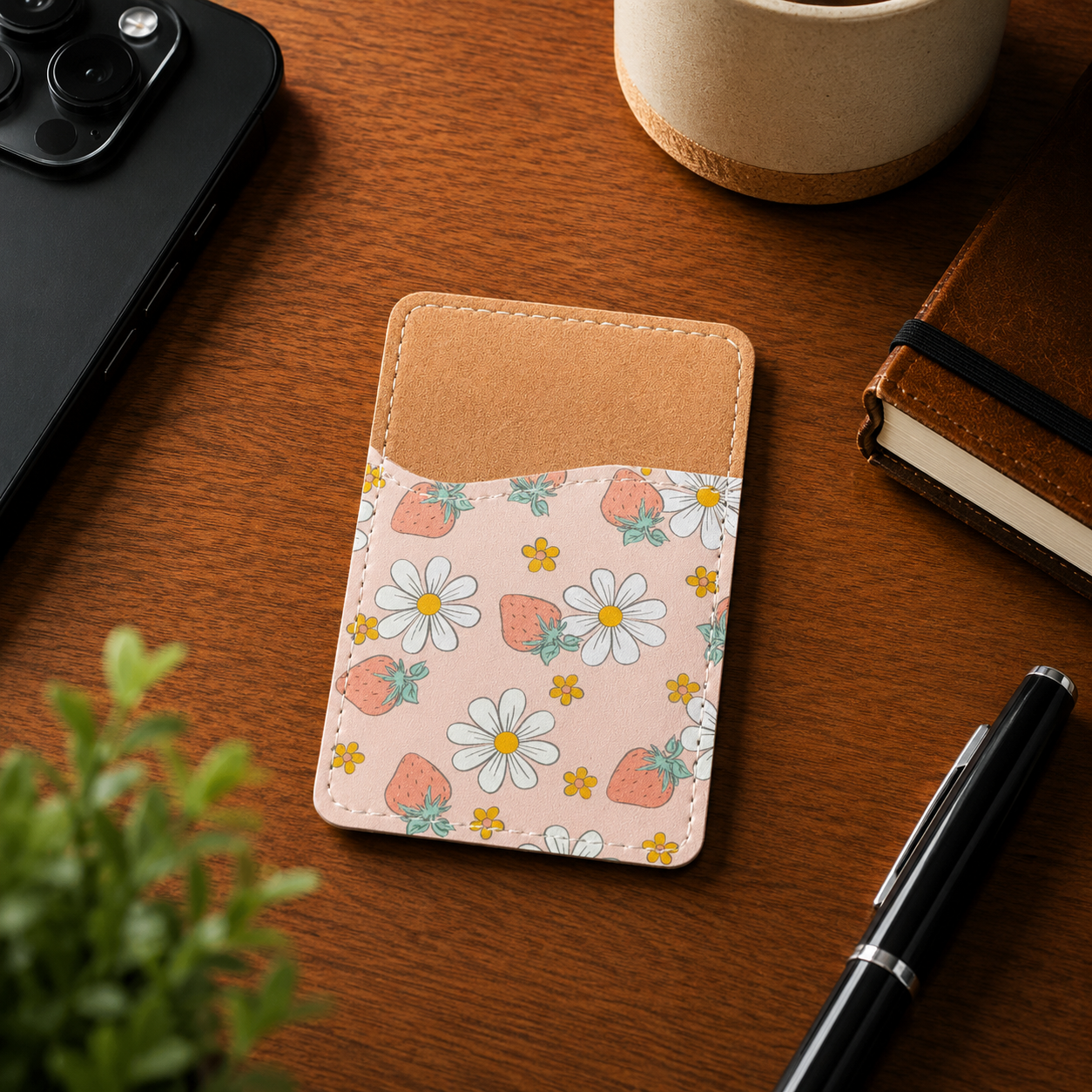 Strawberry Daisy Phone Wallet - Adhesive Phone Wallet - Phone Card Holder - Card Holder for Back of Phone