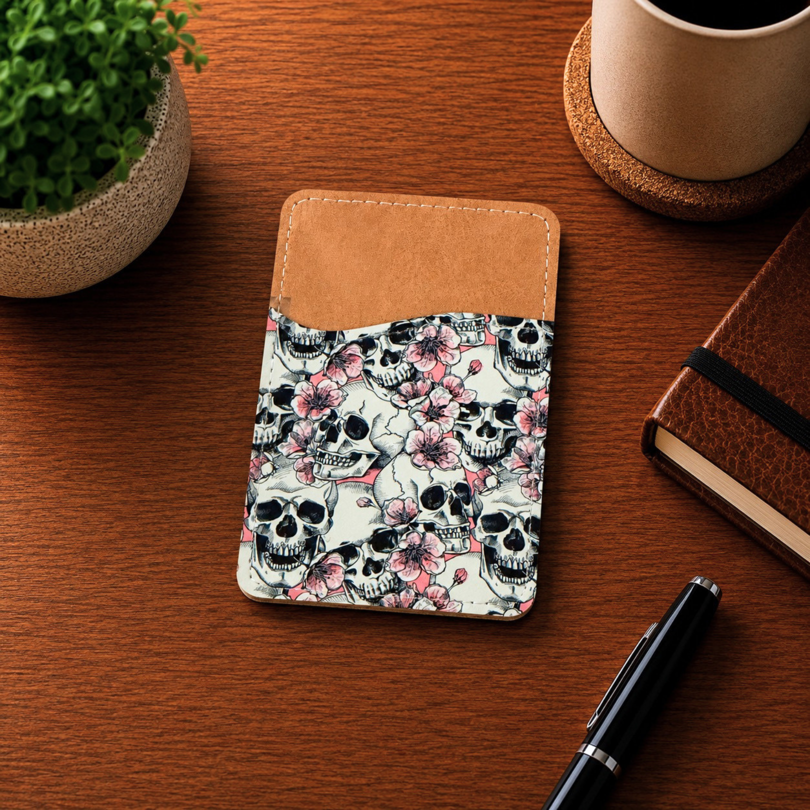 Floral Skulls Phone Wallet - Adhesive Phone Wallet - Phone Card Holder - Card Holder for Back of Phone