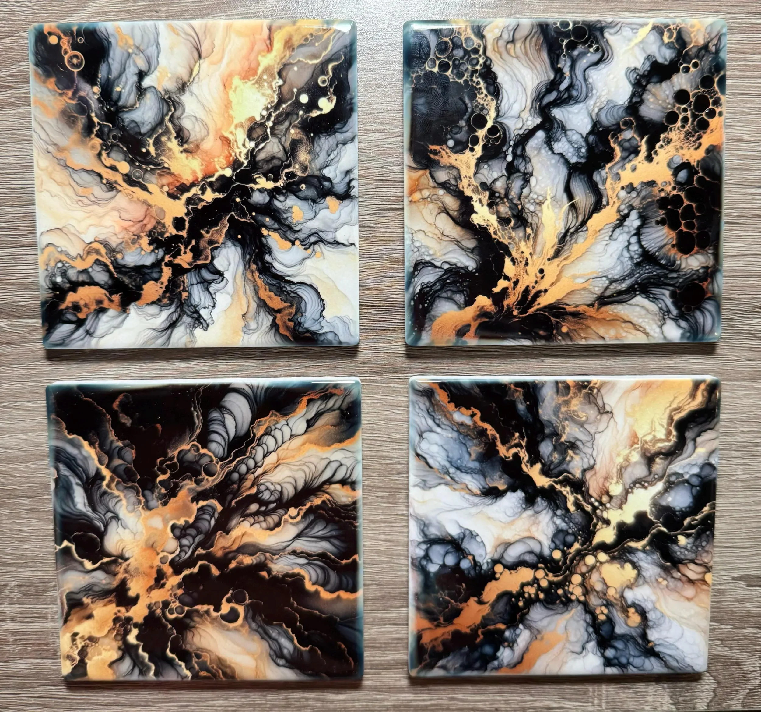 Black, White, and Gold Alcohol Ink Design Ceramic Coasters - Set of 4