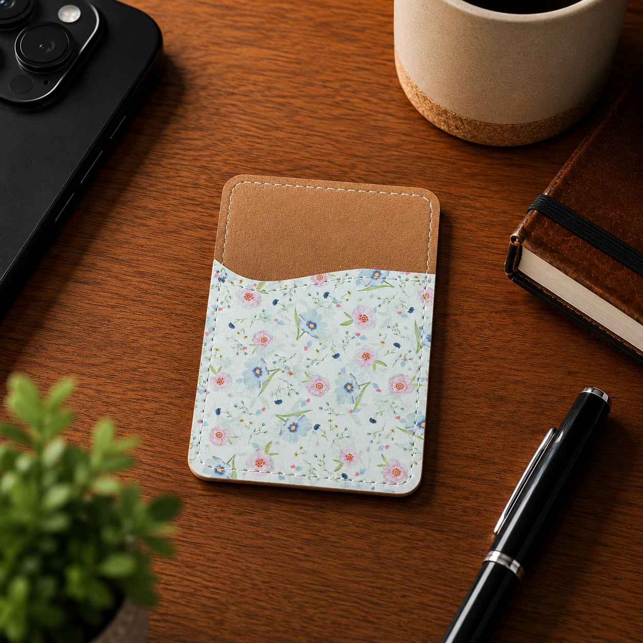 Pink, Blue, White Floral Phone Wallet - Adhesive Phone Wallet - Phone Card Holder - Card Holder for Back of Phone