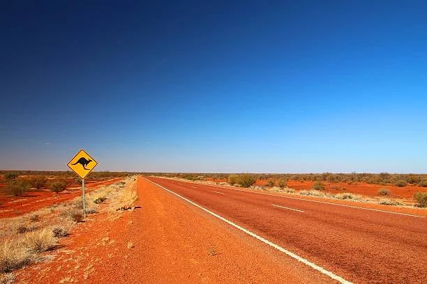 Outback road with kangaroo sign NSW rural property