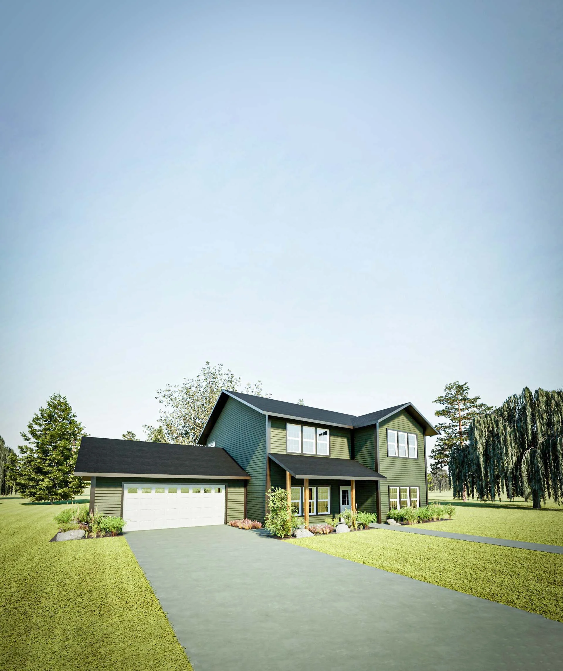 A two-story house rendering. We offer residential design, structural engineering, mechanical engineering, electrical engineering, plumbing engineering, drafting services, architectural services, and home design in Idaho.