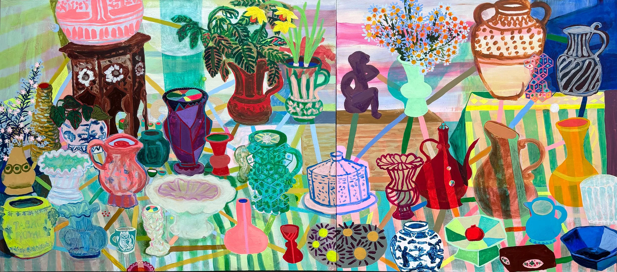 Estate Sale (After Hélène Adant's photo of Matisse's objects enscribed "Objects that have been of use to me my entire life") | 2026 | acrylic and posca on canvas | 48" x 108" x 1.5"

