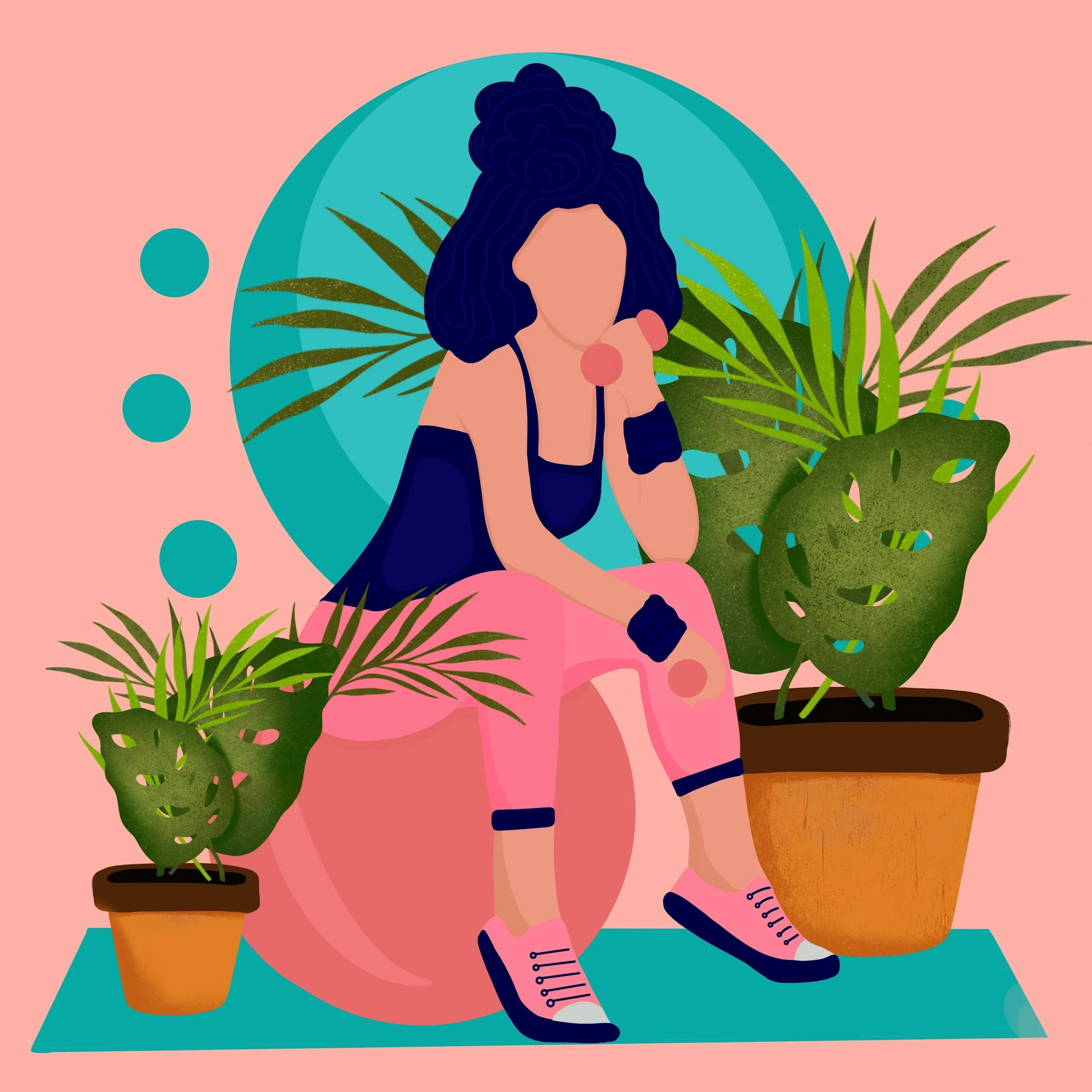 An illustration of a faceless woman with blue curly hair sitting on a green mat, holding a pink yoga ball, surrounded by potted plants, with pink and teal background elements.