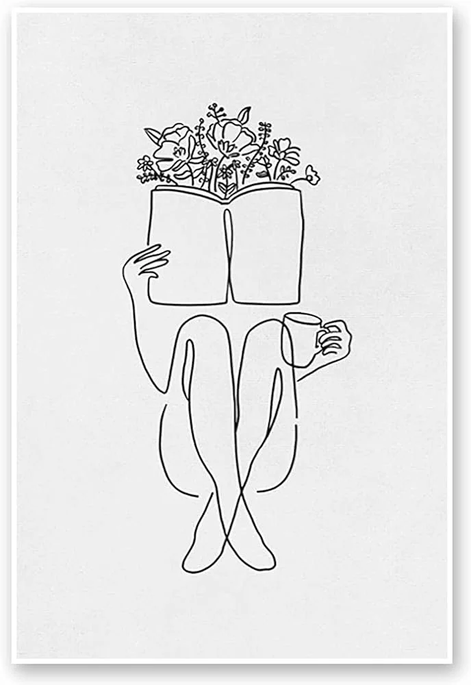 A minimalist line drawing of a person sitting in a chair, holding a book with flowers emerging from the top of the book, and a mug in the other hand.