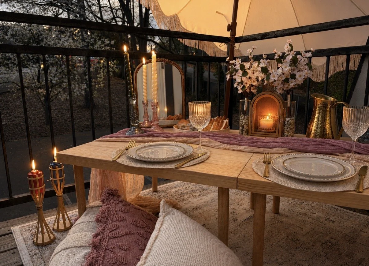 A cozy outdoor dinner setup on a balcony with a wooden table decorated with candles, flowers, and elegant tableware, illuminated by candlelight and a warm glow from a candle inside a decorative frame.
