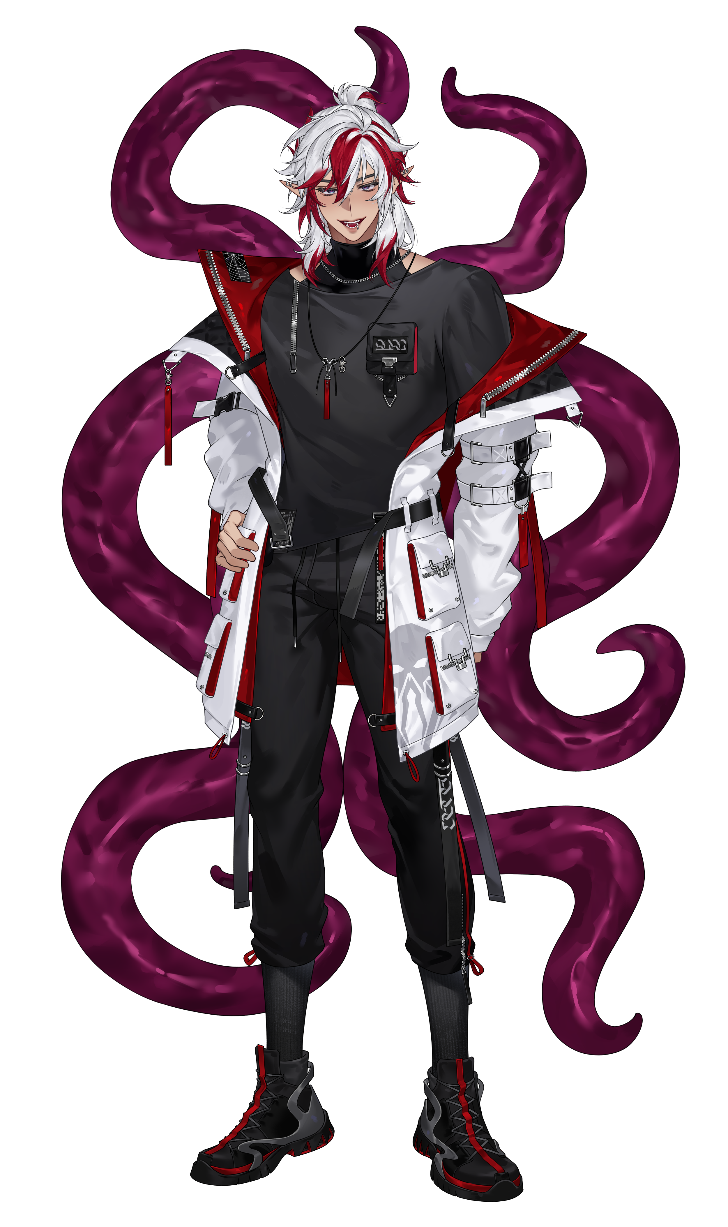 Anime-style elven character with white and red hair, tattoos, eldritch traits, dressed in black and white streetwear, surrounded by fleshy tentacles.