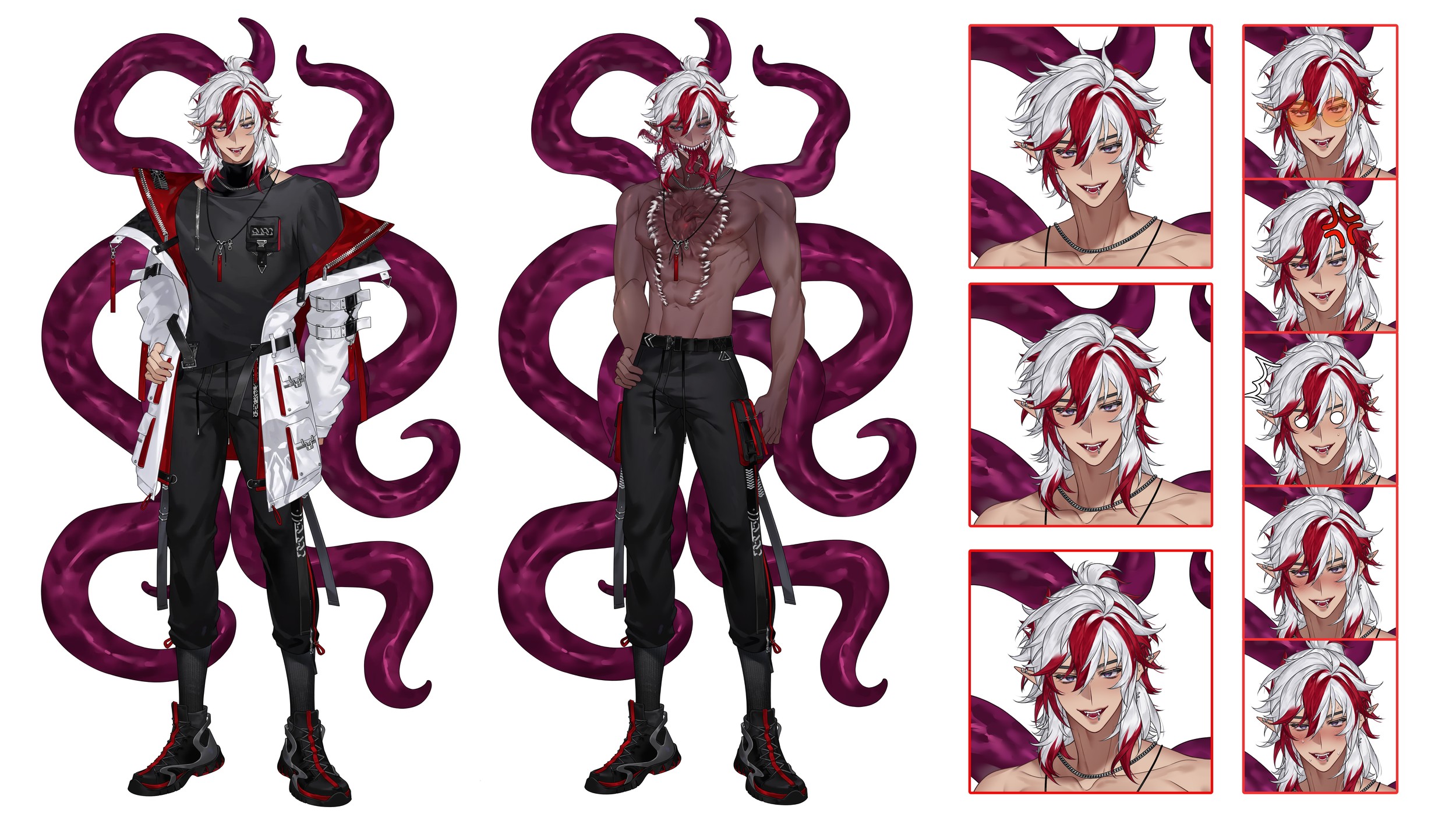Two animated male characters with white and red hair, elf-like ears, and purple tentacle-like background. The left character is dressed in a black, white, and red streetwear style outfit with accessories. The right character is shirtless, with chains, necklaces, and black pants, posing confidently. To the right, there are multiple smaller images of the right character's face with different expressions.