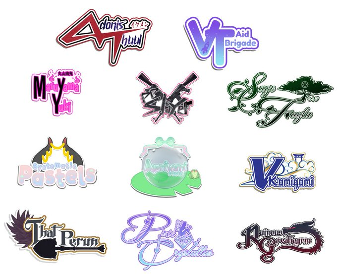 Collection of twelve colorful stickers with various designs and text, some featuring logos, symbols, and creative typography.