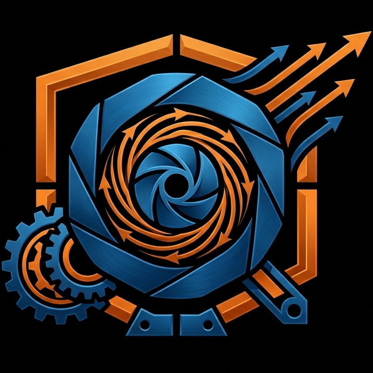 A digital illustration representing a mechanical system with blue and orange gears and arrows indicating airflow or process flow, set against a black background.