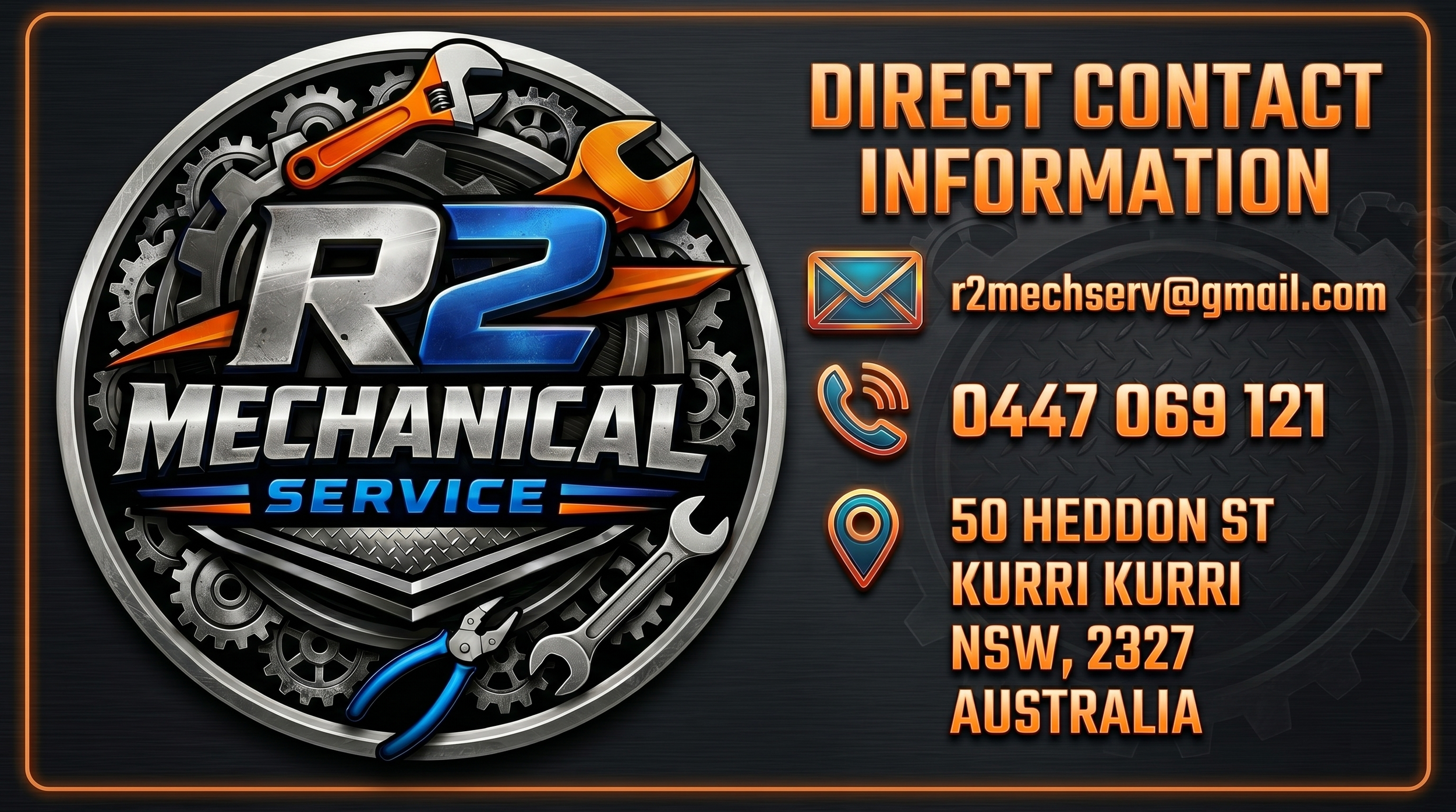 Business card for R2 Mechanical Service with contact details, including email, phone number, and address, featuring a logo with gears and tools.