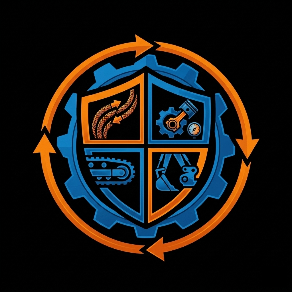 A digital illustration representing engineering and manufacturing, divided into four quadrants with icons of air currents, a piston and gauge, a conveyor belt, and robotic arms, all surrounded by gears and arrows in orange and blue.