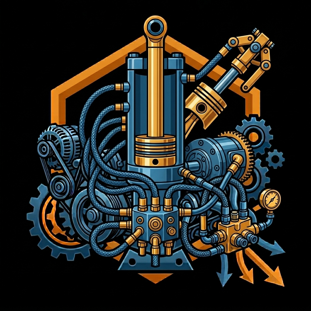 Illustration of a complex mechanical engine with gears, pistons, and cables in blue and orange colors against a black background.