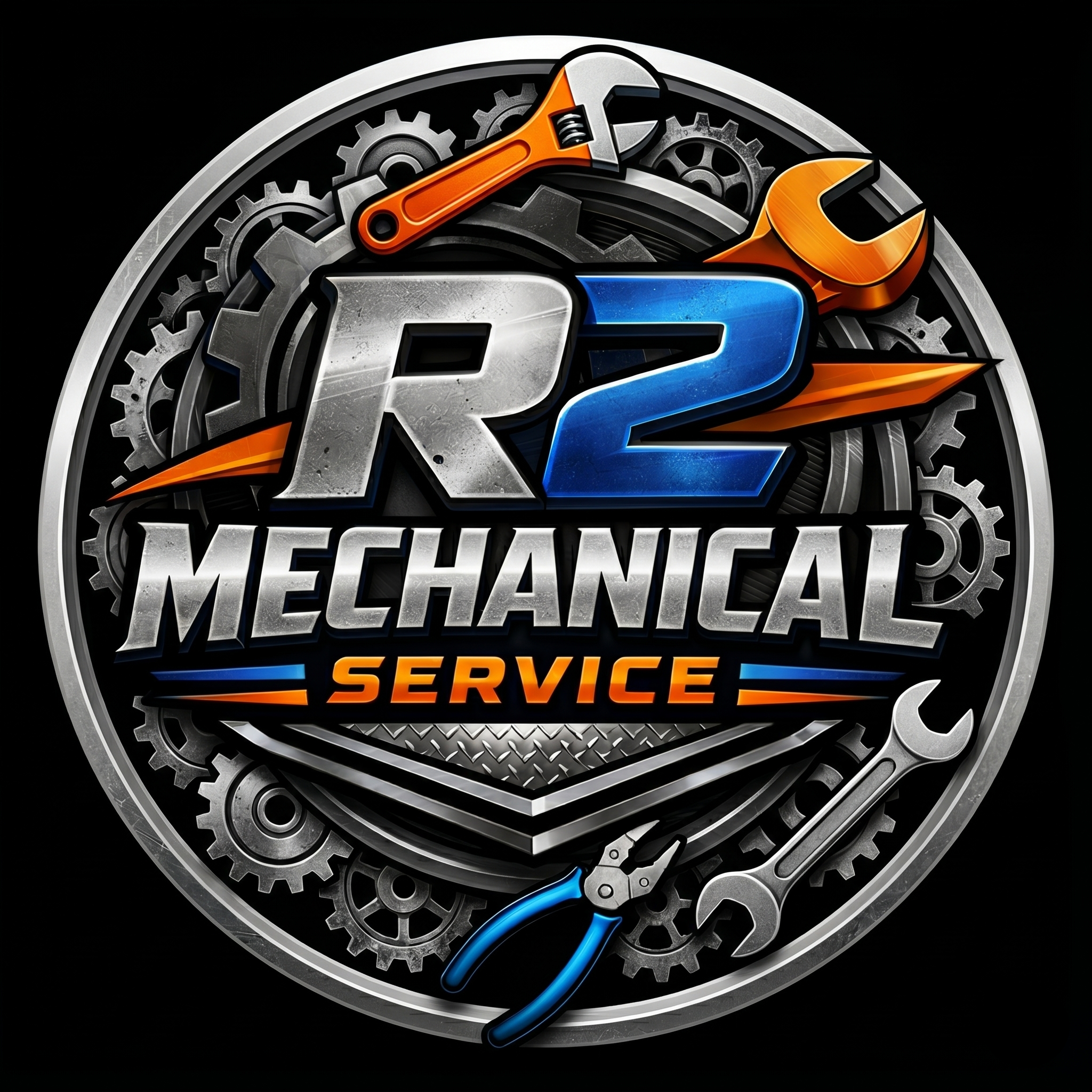 A circular emblem with gears, a wrench and a screwdriver showing the words 'Auto Repair' and 'Service'.