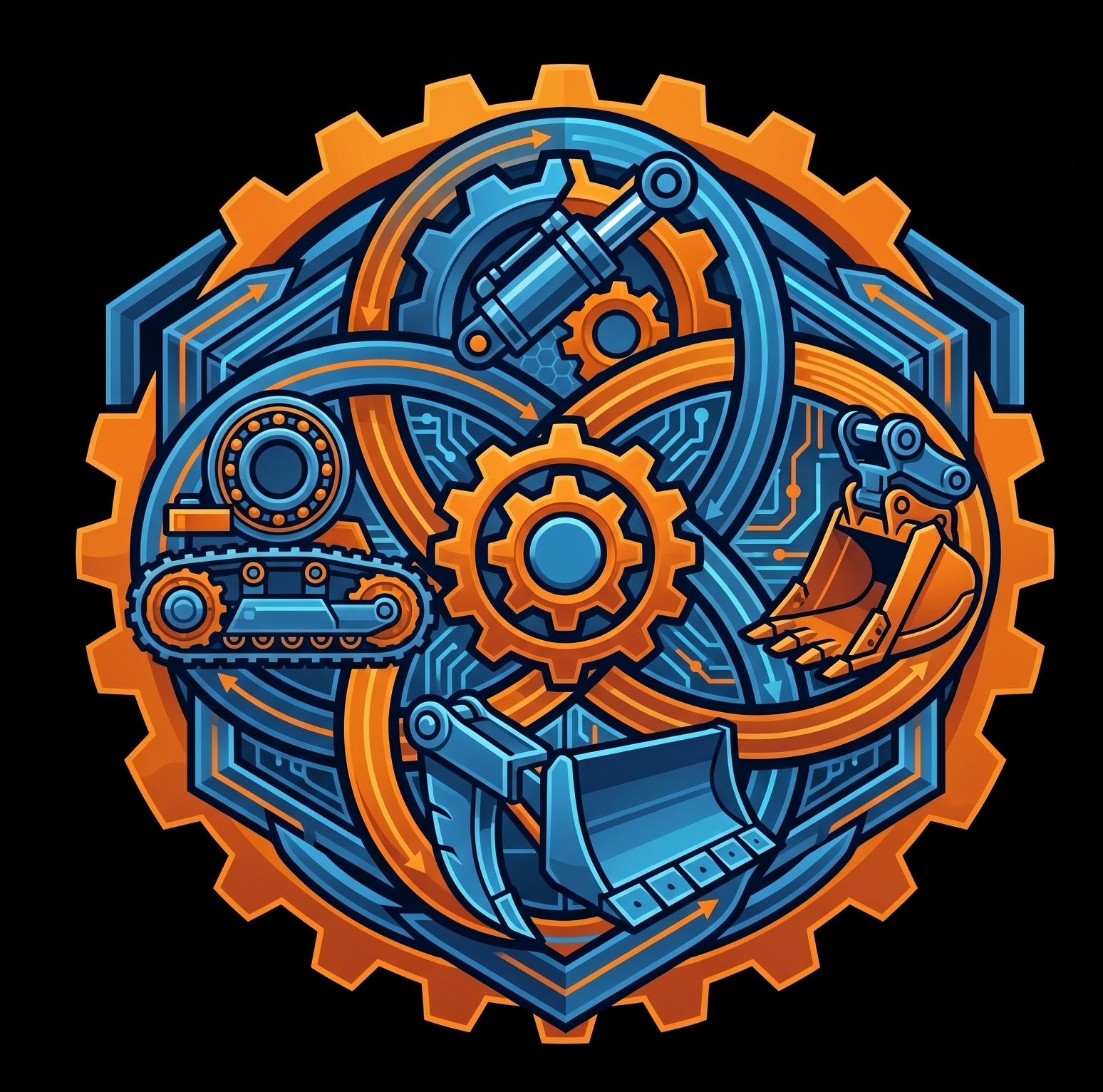 A digital illustration of interconnected gears, cogs, a robotic arm, a robotic hand, a robotic leg, a water pipe, and a circuit board representing machinery and technology.