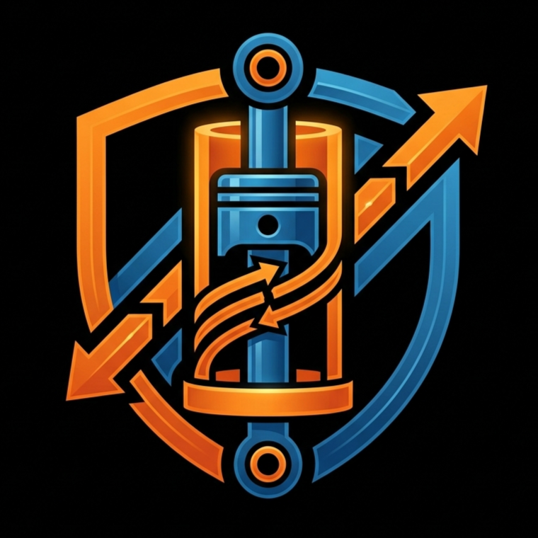 A graphic illustration of a piston with upward and downward arrows, surrounded by blue and orange arrows indicating motion and process, symbolizing mechanical or automotive concepts.