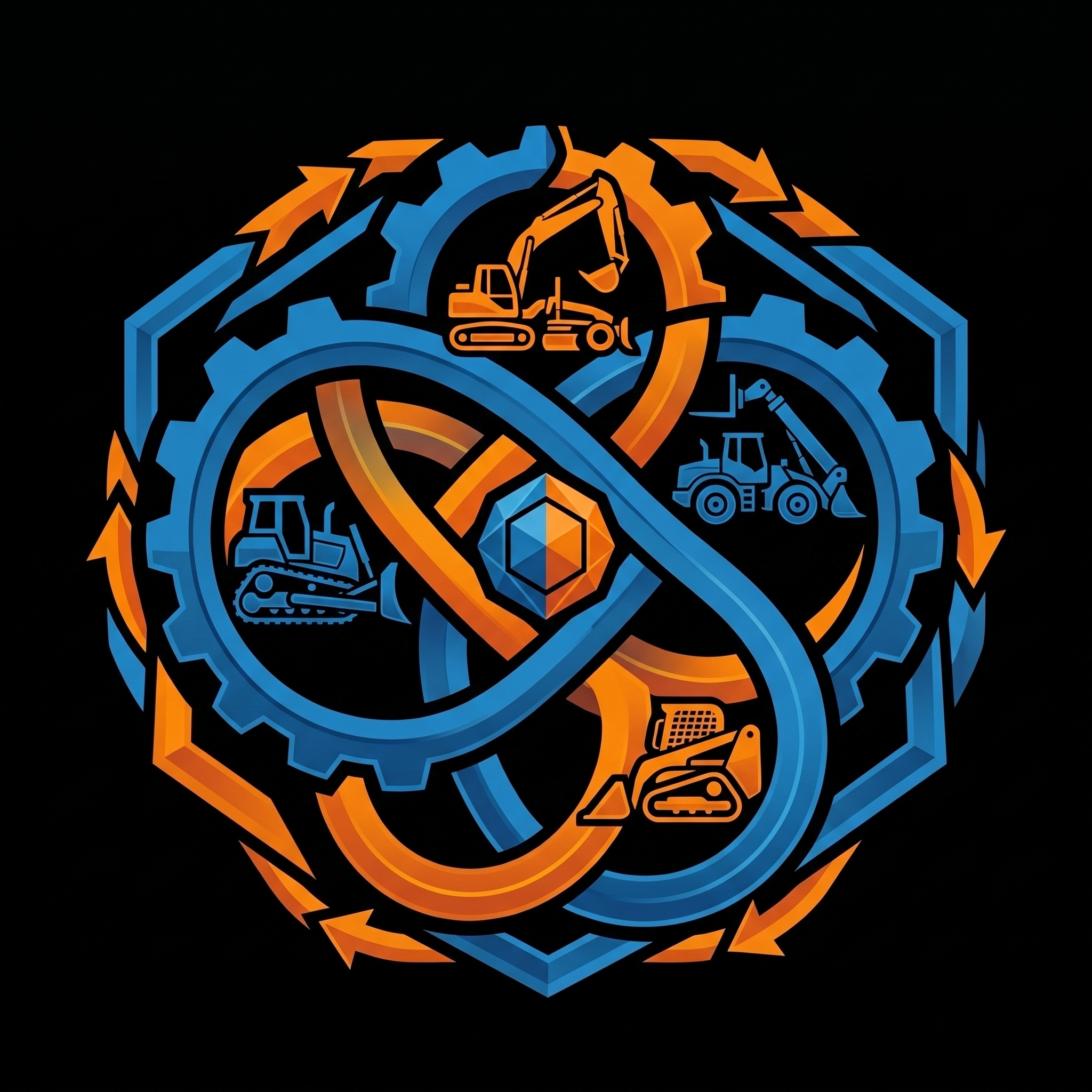 A stylized graphic of interlocking gears and machinery parts in blue and orange colors, with construction and engineering icons
