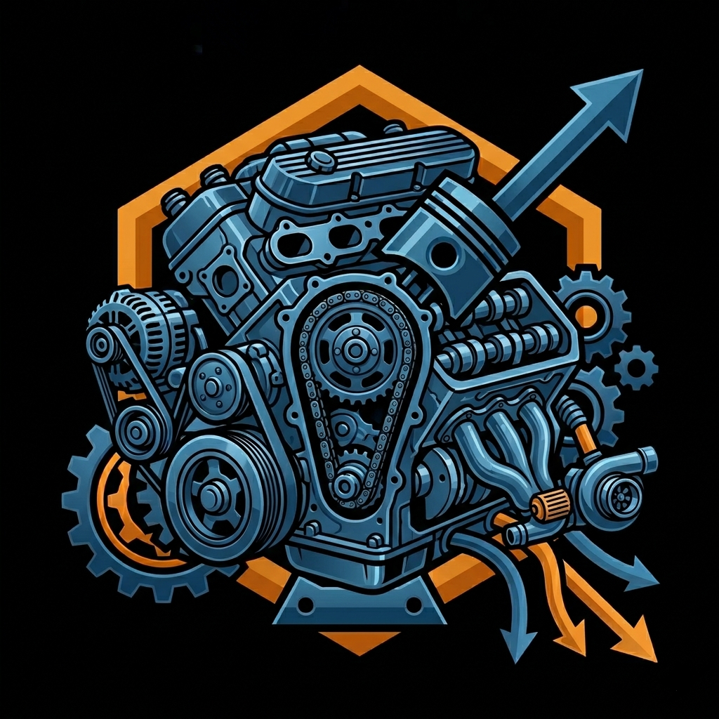 Illustration of an engine with gears, pistons, and arrows indicating airflow and mechanical movement.