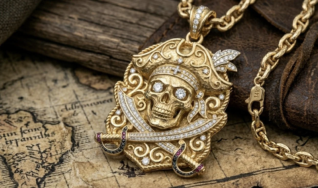 Pirate Captain 14k Gold Pendant + Natural VS Diamonds