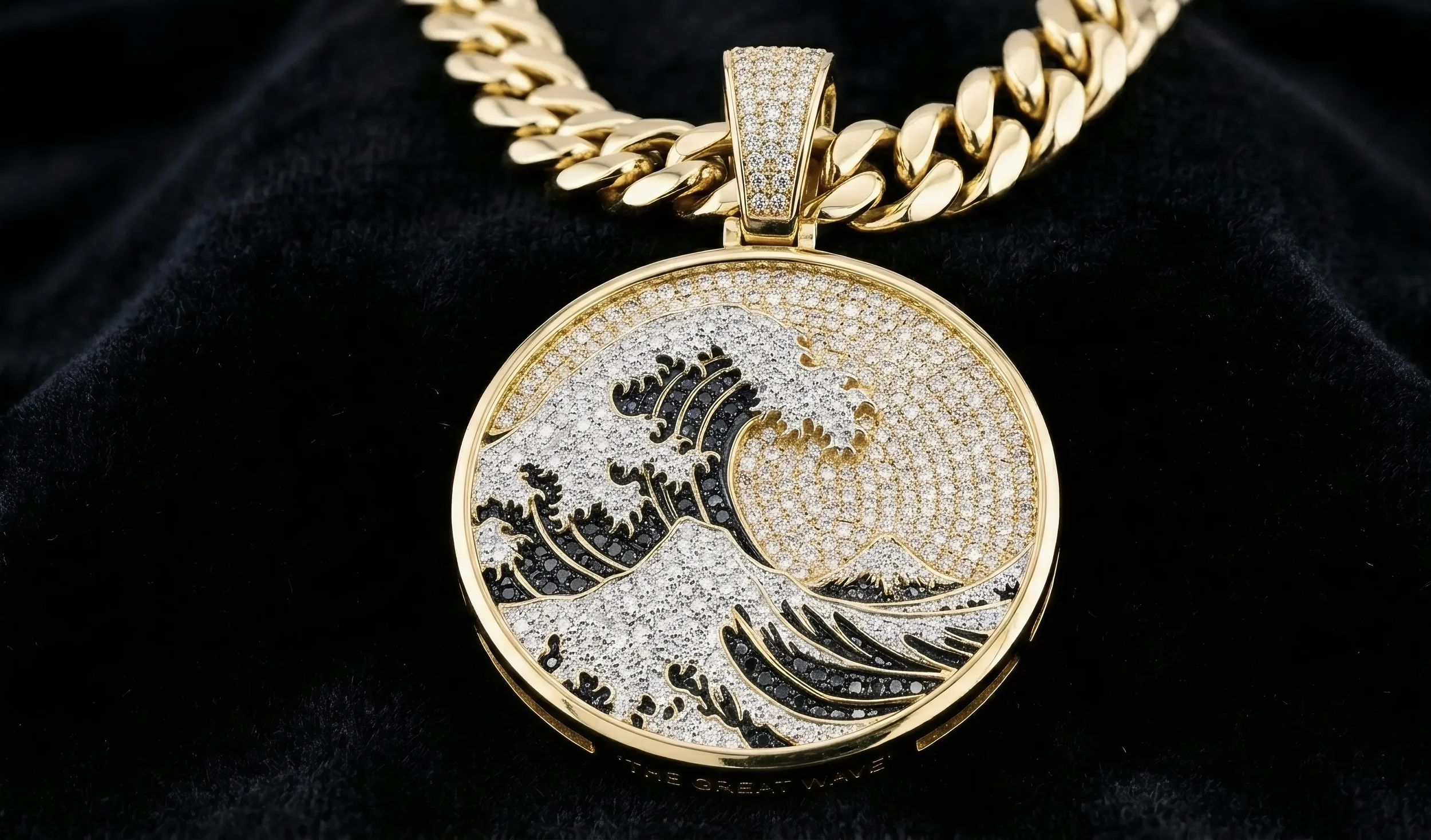 “Tsunami” 14k Gold Wave Pendant + Natural VS Diamonds+ Natural Black Diamonds