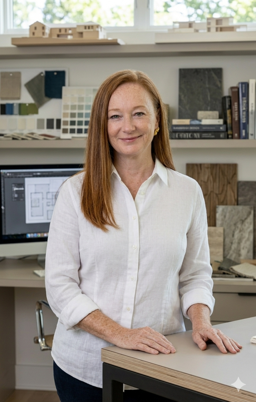 A woman with red hair and a white shirt standing in a design or architecture studio, with color samples, books, and material samples on shelves behind her.