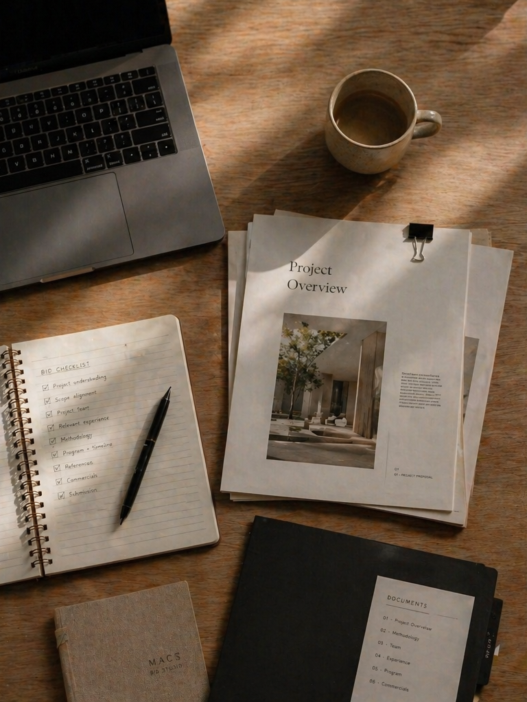 A workspace with a laptop, a coffee mug, a clipboard with project overview papers, a checklist notebook with a pen, a small hardcover notebook, and a black binder.