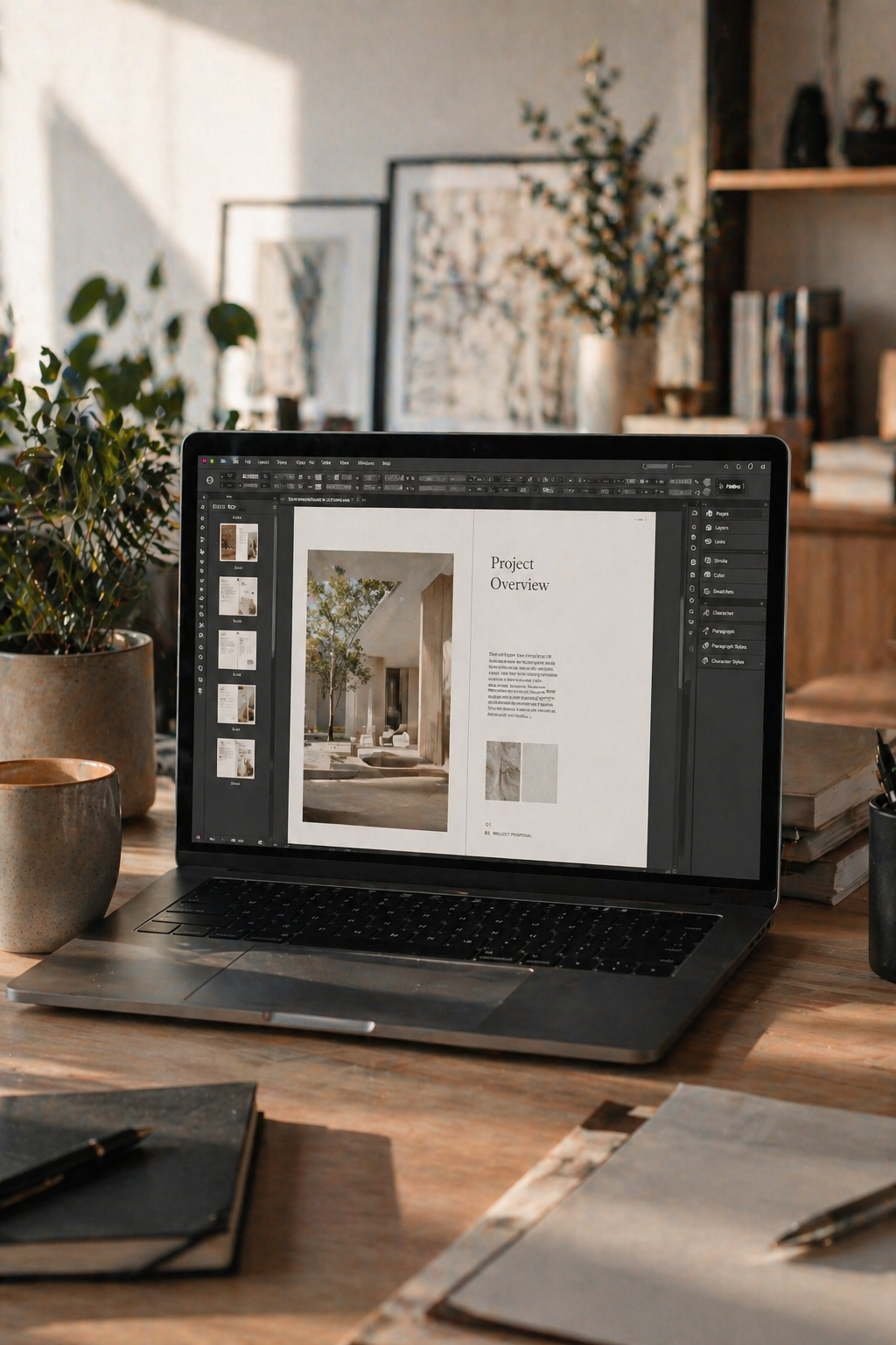 AI-powered bid management system for architecture firms displayed on laptop in InDesign